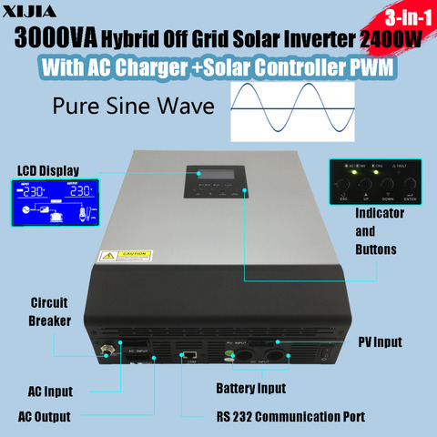 3KVA/2400W Hybrid Inverter Pure Sine wave with AC Charger 30A+Solar Charger Controller PWM PV input 50A DC 24V to AC 220V ► Photo 1/1