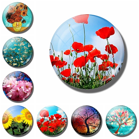 Art Painting Glass Round Retro Flower Pattern Print Refrigerator Sticker Fridge Magnet Life Tree Poppy Flower Message Holder ► Photo 1/6