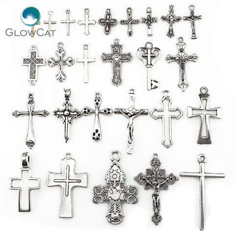 MIX 26pcs/lot Vintage Silver Zinc Alloy Jesus Cross Pendant Religious Faith Charm Frame Jewelry Finding Making 22401 ► Photo 1/6