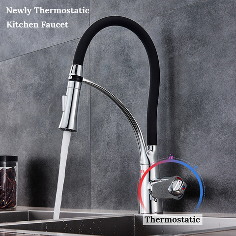 Thermostatic Chrome Kitchen Sink Faucet Swivel Pull Down Kitchen Faucet Sink Tap Mounted Deck Bathroom Hot and Cold Water Mixer ► Photo 1/6
