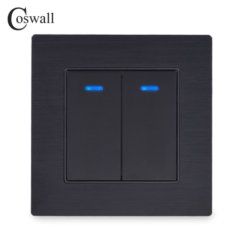 Coswall Luxurious Square Key 2 Gang 1 Way On / Off Wall Light Switch With LED Indicator Knight Black Aluminum Metal Panel ► Photo 1/3
