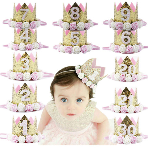 Baby Girl Birthday Party Hats Kids 1 2 3 4 5 6 7 8 9 Years Birthday Princess Crown Cap Party Decorations Kids Favors Headband ► Photo 1/6