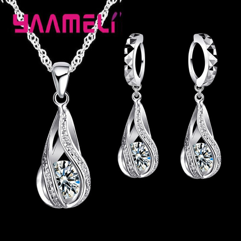 Hot Water Drop CZ 925 Sterling Silver Jewelry Set For Women Pendant Necklace Hoop Earrings Wedding Party Ceremoey Anel ► Photo 1/5