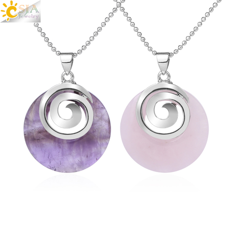 CSJA Natural Stone Necklaces & Pendants Hollow Round Spiral White Crystal Black Agates Lava Chakra Reiki Pendulum for Girls F864 ► Photo 1/6