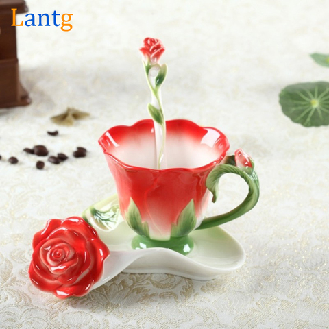 3D Rose Enamel Coffee Mug Tea Milk Cup Set With Spoon and Saucer Creative Ceramic European Bone China Drinkware Marriage Gift ► Photo 1/5