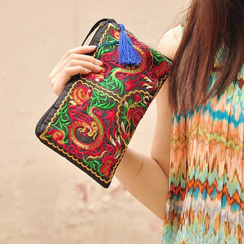 Women Retro Boho Ethnic Embroidered Wristlet Clutch Bag Handmade Purse Wallet 6N