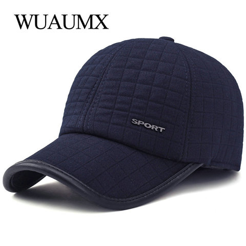 Wuaumx HOT Winter Baseball Cap For Men With Earflaps Warm Cotton Thicker Snapback Cap Men Father's Hats Ear Protection Casquette ► Photo 1/6