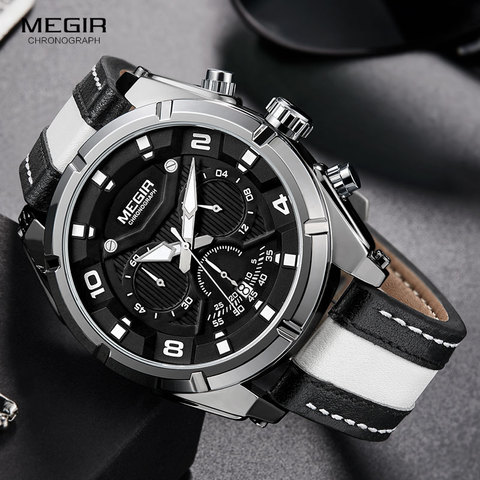 MEGIR Fashion Men's Chronograph Quartz Watches Leather Strap Luminous Hands 24-hour Sports Analogue Wristwatch for Man 2076White ► Photo 1/6