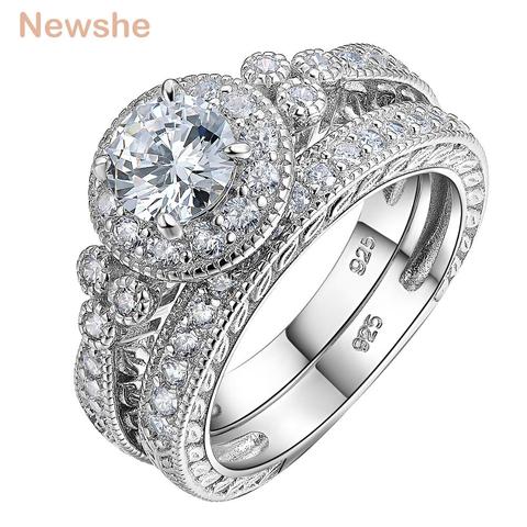 Newshe 1.2 Ct Round Cut AAA CZ 925 Sterling Silver Halo Wedding Ring Sets Engagement Band Classical Jewelry For Women JR4968 ► Photo 1/6