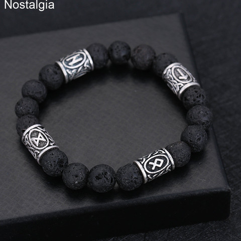 Nostalgia Viking Runes Jewelry Vintage Amulet Lava Stone Bracelet For Men Women Accessories Runas Vikingas Bangle ► Photo 1/1