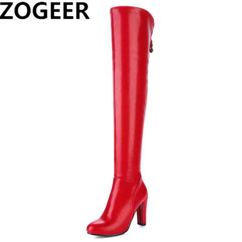Fashion Red Women's Thigh High Boots Sexy Black High Heel Over The Knee Boots Women PU leather Sexy Long Dance Party Shoes Lady ► Photo 1/6