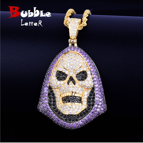 Hoody Skull Purple Stone Pendant Necklace Tennis Chain Gold Color AAA Cubic Zirconia Hip hop Rock Jewelry ► Photo 1/6