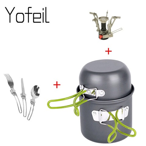 Outdoor Hiking Camping Cookware Set 1-2 Persons Portable Cooking Tableware Picnic Set  Pot Pans Bowls With Dinnerware Gas stove ► Photo 1/6