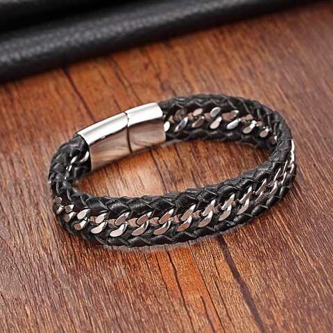 XANI Stainless Steel Genuine Leather Bracelets for women Charm Bracelets for men Black Braid Bracelets & Bangles Men Jewelry ► Photo 1/4