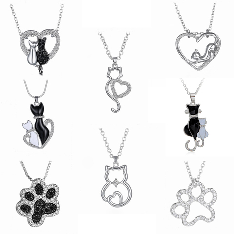 Cute Cat Pendant Necklace Heart Shaped Cat Lover Crystal Rhinestone Black and White Paw Pet Necklace Valentine's Day BFF Jewelry ► Photo 1/6