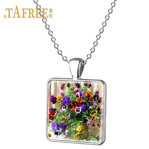 TAFREE Handmade square pendants flower necklace charm woman dress skirt flower pattern necklace gift  woman's jewelry E241 ► Photo 1/6