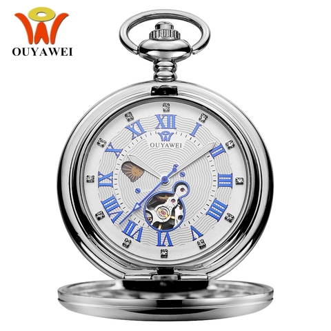 Luxury Brand OUYAWEI Mechanical Pocket Watch Men Full Steel Case Pocket Fob Watch Analog Silver White Dial Vintage Male Clock ► Photo 1/6