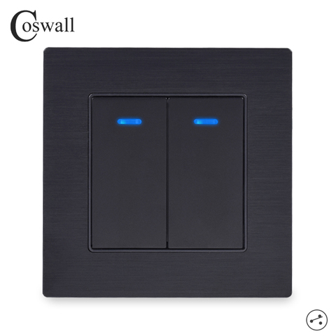 Coswall 2 Gang 2 Way On / Off Wall Light Switch LED Indicator Pass Through Switch Switched Knight Black Aluminum Metal Panel ► Photo 1/3