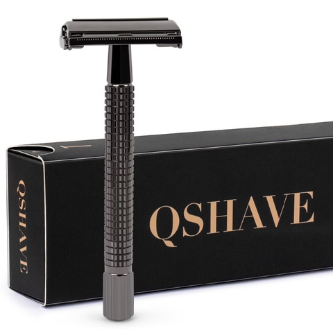 Qshave Double Edge Safety Razor Classic Safety Razor Black color Long Handle Butterfly Open, 1 Handle & 5 blades ► Photo 1/6