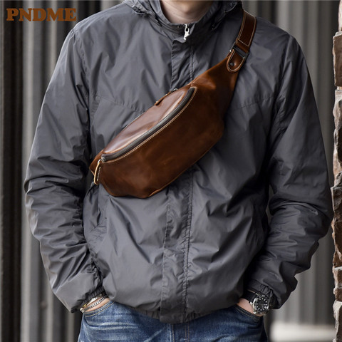 PNDME high quality cowhide simple vintage chest bag genuine leather men's shoulder messenger belt bag casual sports waist packs ► Photo 1/6