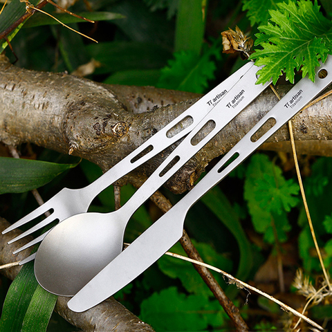 Tiartisan 3pcs Lightweight  Spoon Fork Knife Set Pure Titanium Outdoor Tableware for Camping Picnic Travelling Flatware Ta8106 ► Photo 1/6