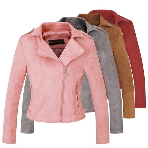 2022 New Elegant Autumn Winter Zipper Basic Suede Jacket Coat Motorcycle Jacket Women Outwear Pink Slim Short Winter Jackets ► Photo 1/6