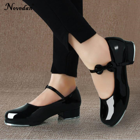Black And White Tap Shoes Women Girls Kids Tap Dance Shoes Bow Tie Mary Jane Style Shiny Patent PU Leather Size 26-40 ► Photo 1/6