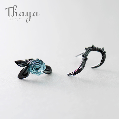 Thaya s925 Silver Thorn Blue Crystal Rose Design Black Stud Earrings for Women Asymmetry Flower Earring Female Jewelry Gift ► Photo 1/6