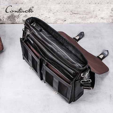 CONTACT'S vegetable leather men briefcase for lawyers 13inch laptop handbag ipad large vintage business male messenger bag Black ► Photo 1/6