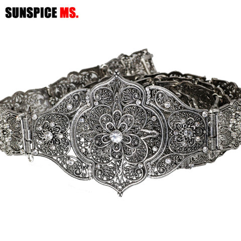 SUNSPICE-MS Caucasus Retro Ancient Silver Metal Belt for Women Ethnic Wedding Jewelry Crystal Body Waist Chain Adjustable Length ► Photo 1/6
