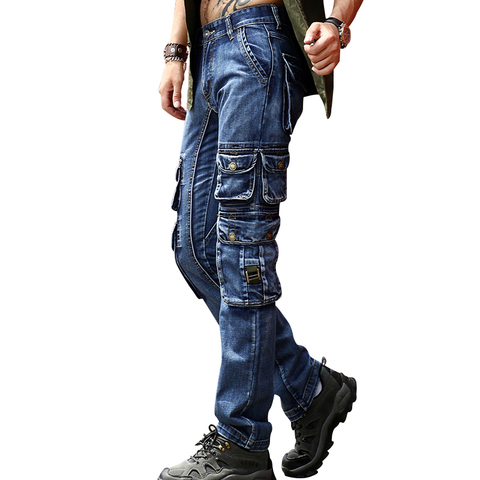 ABOORUN Men's Brand Cargo Jeans Multi Pockets Tactical Denim Pants High Quality Male Outdoor Casual Jeans x1647 ► Photo 1/6