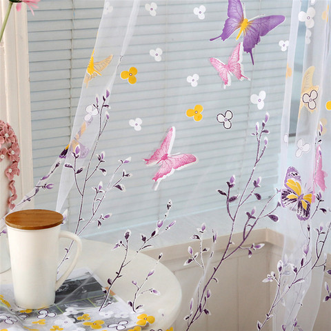 2022 1pcs Butterfly Branches Printed Tulle Curtains for Living Room  Indoor Window Screening Decor Balcony Burnout Voile Curtain ► Photo 1/6