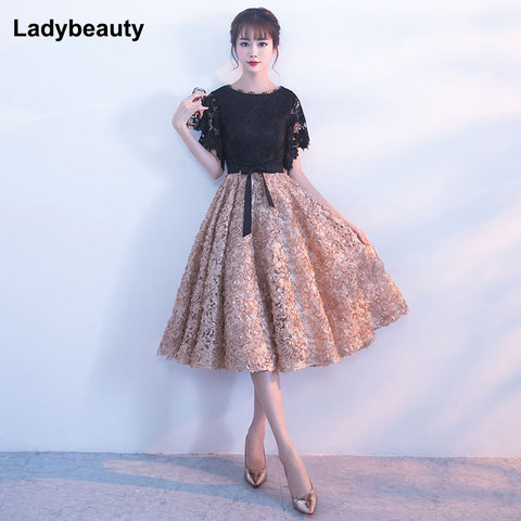 Ladybeauty 2022 New Evening Dress Black With Khaki Color Lace short Prom Party Gowns Wedding plus dresses ► Photo 1/6