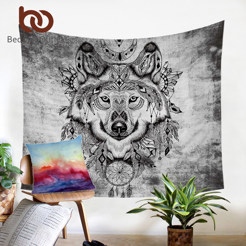 BeddingOutlet Tribal Wolf Tapestry Wall Hanging Dreamcatcher Decorative Wall Art Bedspreads Black and White Bed Sheets ► Photo 1/3