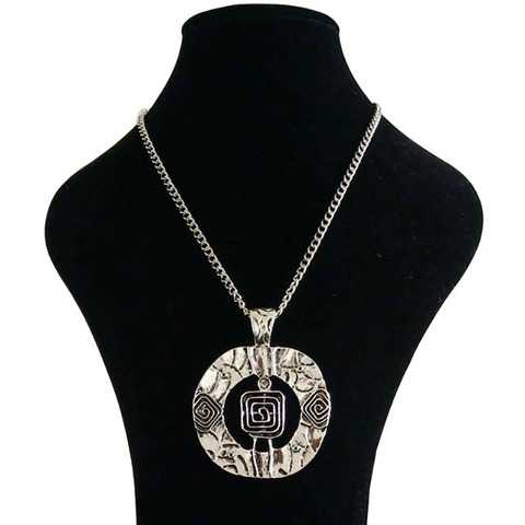 1 x Tibetan Silver Metal Large Circle Round Statement Abstract Spiral Pendant Necklaces on Long Curb Chain Lagenlook 34