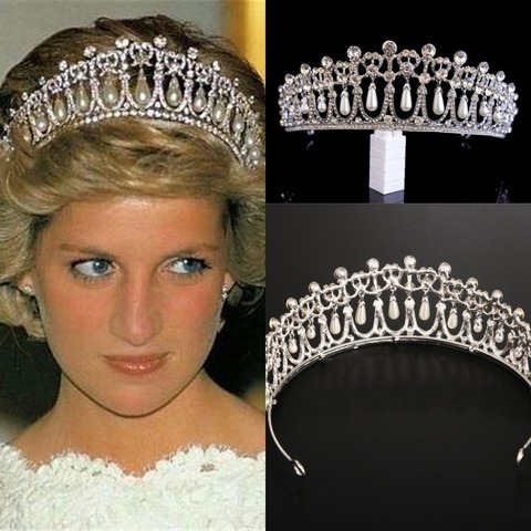Vintage Silver Plated Queen Princess Diana Crown Crystal Pearl Diadem For Bridal Hair Accessories Bride Headbands Tiara De Noiva ► Photo 1/6