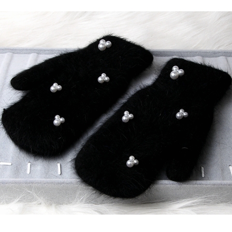 2022 Winter Gloves women Luxury Pearl Rabbit fur  Double warm full finger gloves For female winter gloves girls Mittens guantes ► Photo 1/6