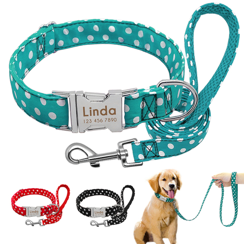 Dog Collar Custom Nylon Pet Polka Dot Collar Walking Leash Set Personalized Puppy Nameplate ID Tag Collars Adjustable Engraved ► Photo 1/6