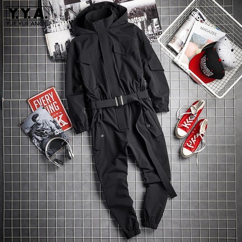 New Mens Hip Hop Cargo Jumpsuit Fashion Black Sashes Joggers Overalls Multi Pockets Work Rompers Streetwear Korean Clothes ► Photo 1/6