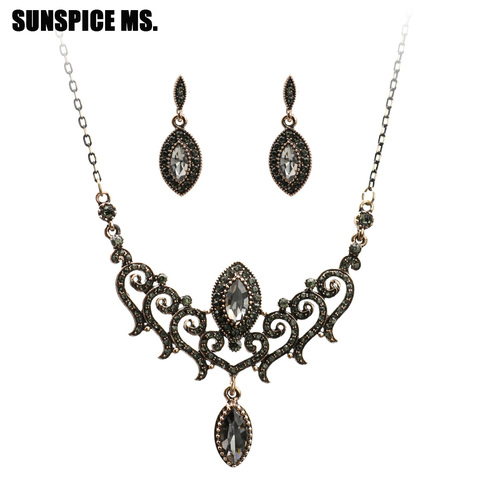 Bohemia Gray Crystal Vintage Jewelry Sets for Women Dangle Earring Pendant Necklace Turkish Antique Gold Color Wedding Bijoux ► Photo 1/6