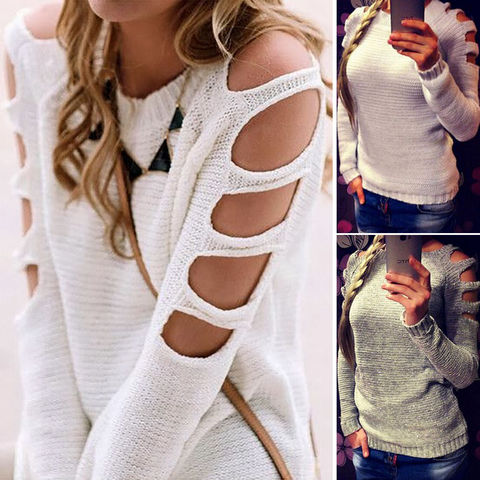 Women Sweaters and Pullovers Cold Shoulder Hollow Out Thin Knitted Sweater O Neck Solid Jumpers ► Photo 1/6