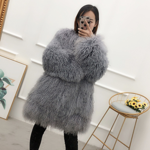Women real mongolian sheep fur coat natural medium long beach wool