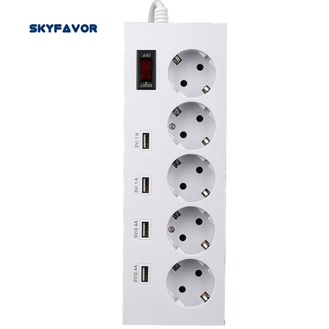 Safe 5 gang European USB Power Strip Surge Protector 4 usb ports 1.8m cable Power board 250V 16A 5 way extension socket with USB ► Photo 1/6