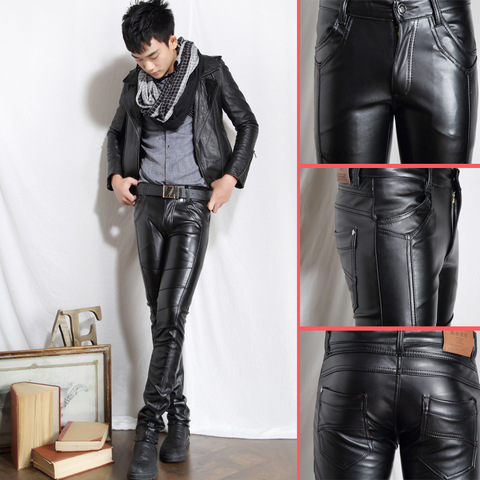 Men's Leather Look Pants - Skinny Fit Waxed Jeans Style Trousers