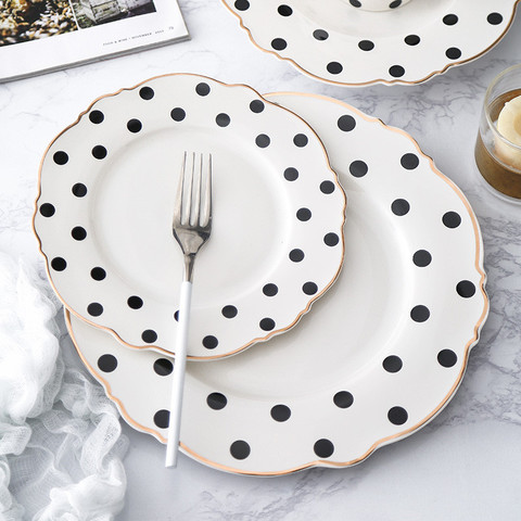 Golden Edge Plate Steak Tray Soup Dish Dinnerware Set Polka Dot Dinner Plate Western Flat Flower Shape Breakfast Tableware 1pcs ► Photo 1/6