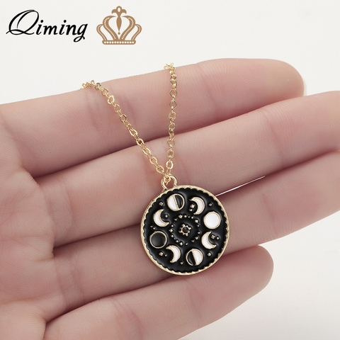 QIMING Moon Phase Black Necklace For Women Glow In The Dark Glowing Luminous Enamel Vintage Crescent Pendant Necklaces ► Photo 1/6
