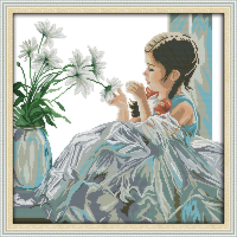 The girl with flowers cross stitch kit 14ct count fabric canvas x stitching material bag embroidery DIY handmade needlework plus ► Photo 1/1