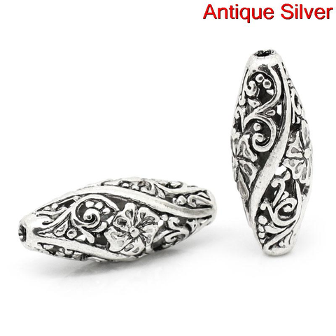 Doreen Box hot- Spacer Beads Oval Silver Color Flower Pattern Carved Hollow 26mm x 11mm,Hole:Approx 1.9mm,10PCs (B31020) ► Photo 1/3