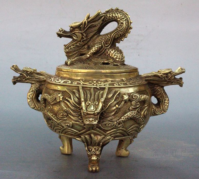 China brass copper carved fine nine dragon Incense burner censer Statue
