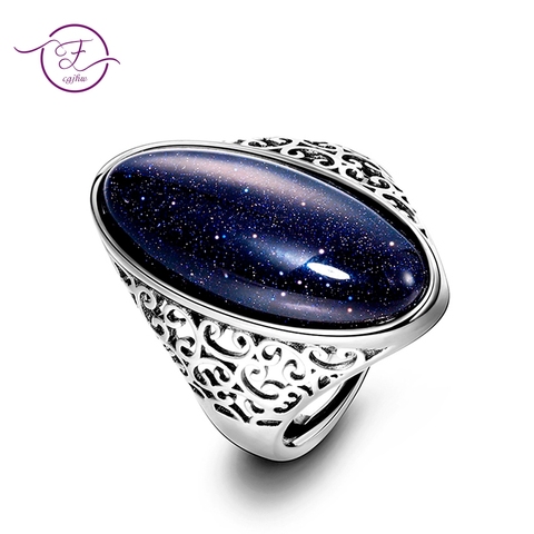 Rings for Women 925 Sterling Silver Fine Jewelry Vintage Blue Sandstone Statement Openwork For Party Elegant Finger Gift ► Photo 1/4